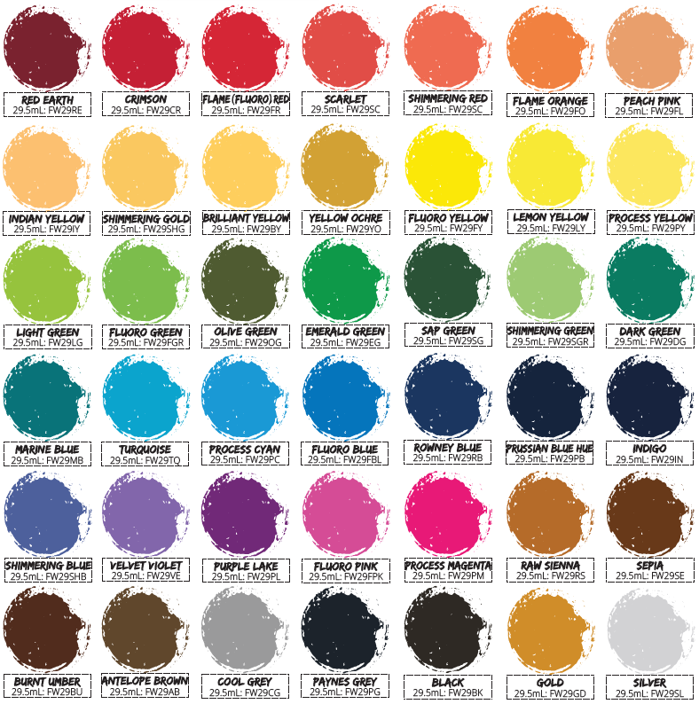 Colour Chart for Daler Rowney FW Artist Acrylic Ink