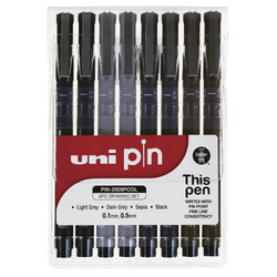 Uni Pin Fineliner Assorted Pk 8