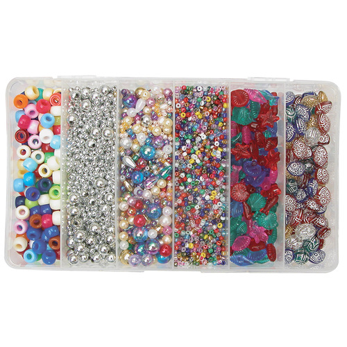 Bead Box 300g of 6 Different Designs Assorted Sizes and Christmas Colours