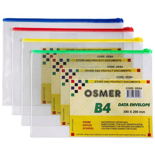 Clear Waterproof Envelopes with Zip Pack of 12 Assorted Colours B4