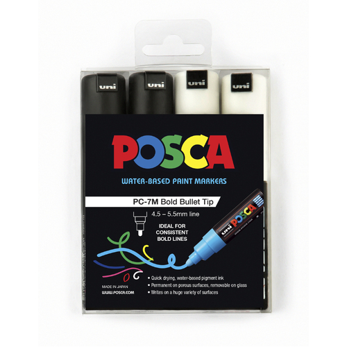 Uni Posca Marker Large Set of 4 Black/White Bullet (4.5mm)