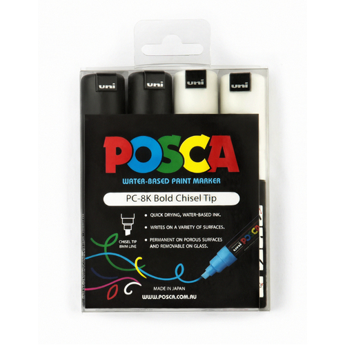 Uni Posca Marker Large Set of 4 Black/White Chisel (8mm)