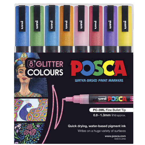 POSCA Fine 1.3mm PC-3M Glitter Colours Set of 8