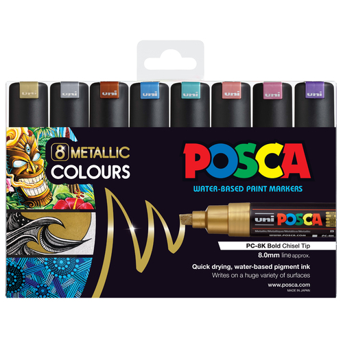 POSCA Metallic Colours Set 8 Large 8mm PC-8K Chisel Tip